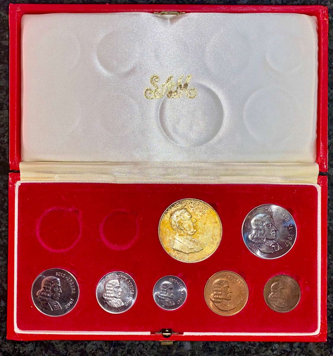 South Africa 1967 Proof set silver R1 (gold toning) TO 1 cent red SA mint box