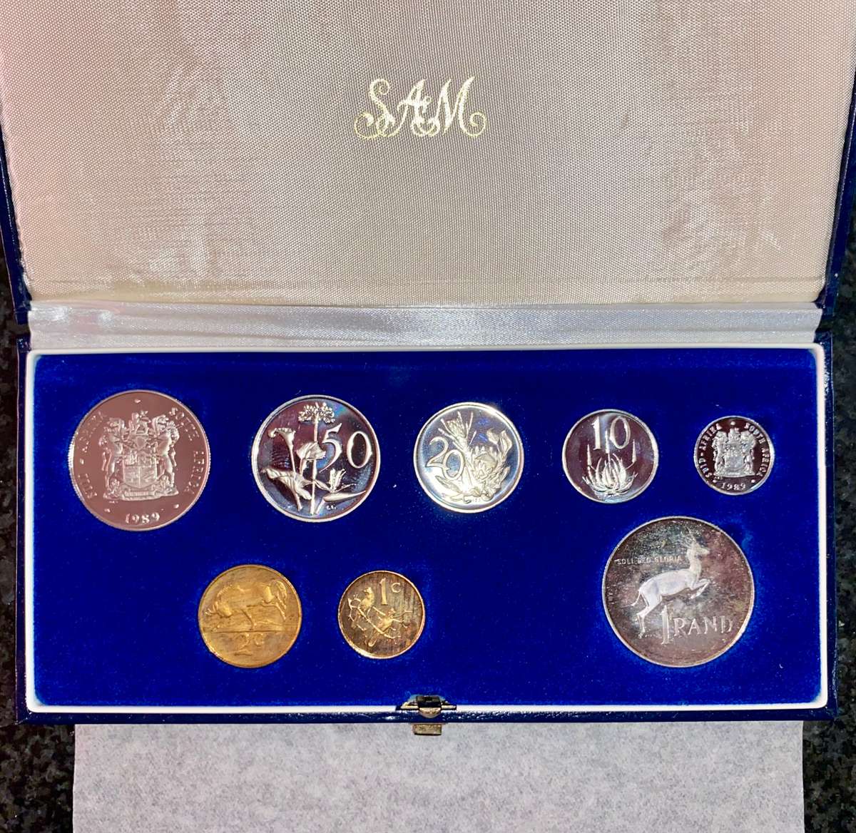 South Africa Proof set silver R1 to 1 cent with extra nickel R1 - 1989 blue SA mint box + box cover