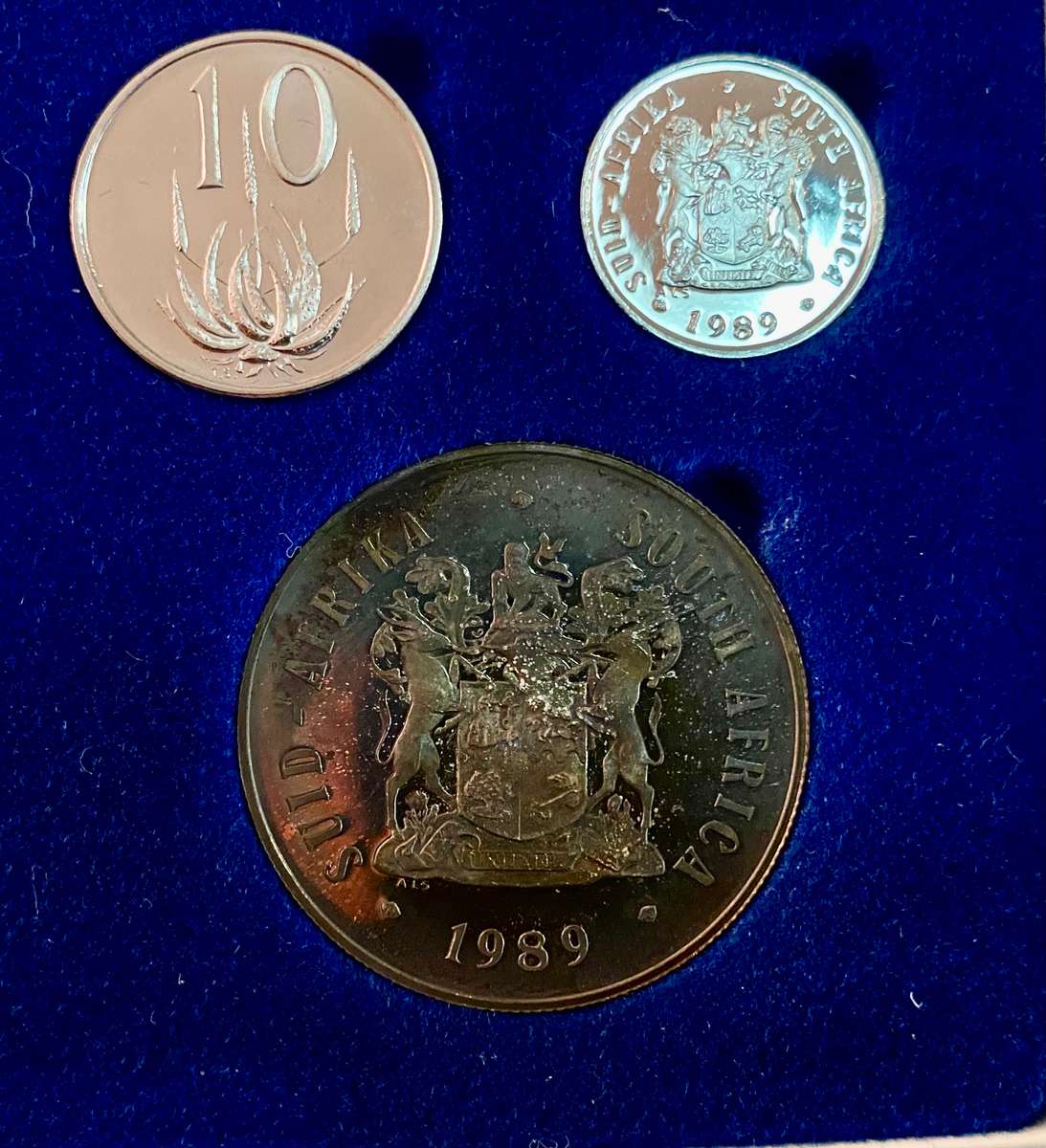 South Africa Proof set silver R1 to 1 cent with extra nickel R1 - 1989 blue SA mint box + box cover