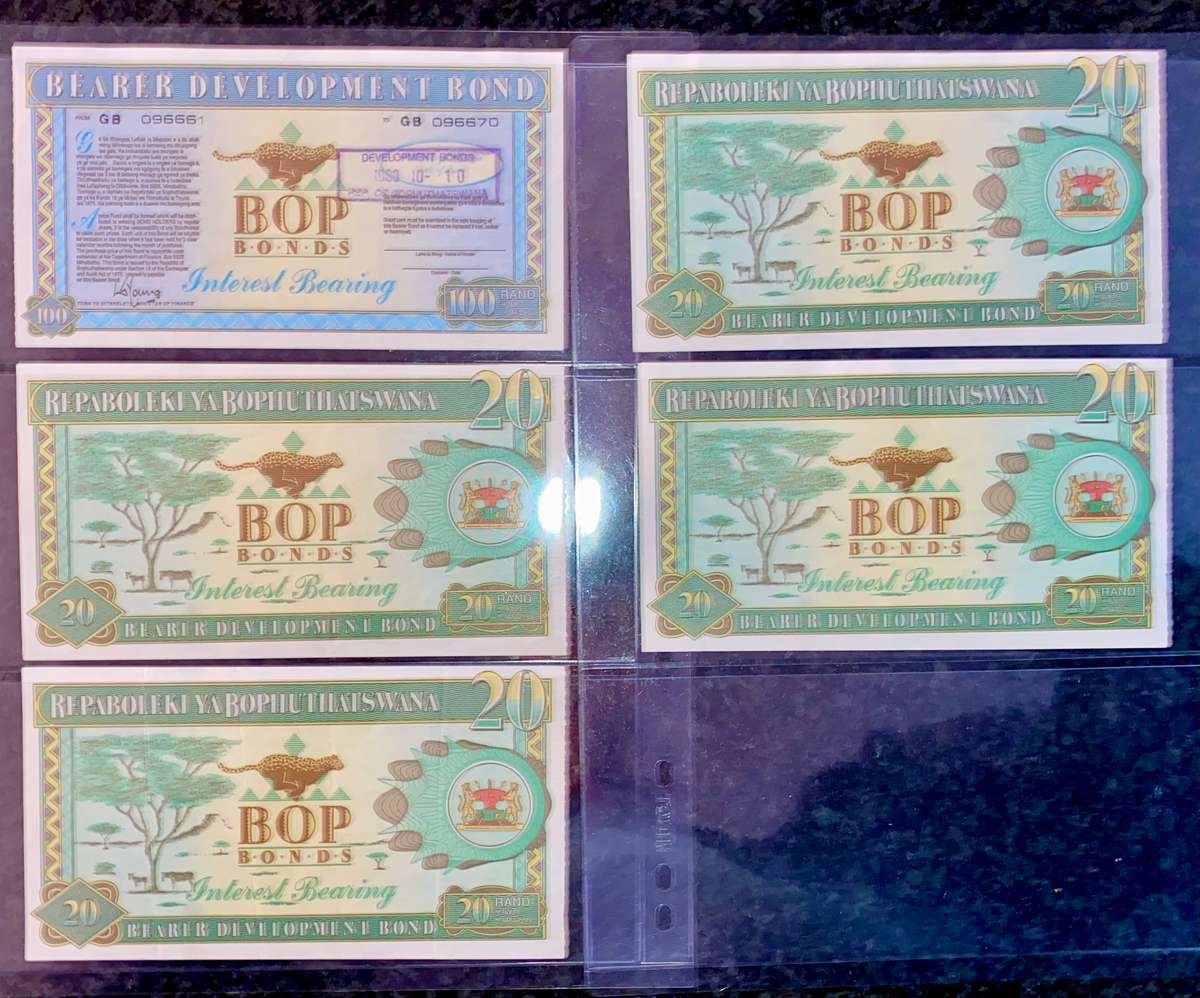 Bophuthatswana's BOP Bonds Collection R100 & R20 -- 1989-1990 good condition (1 bid takes all)