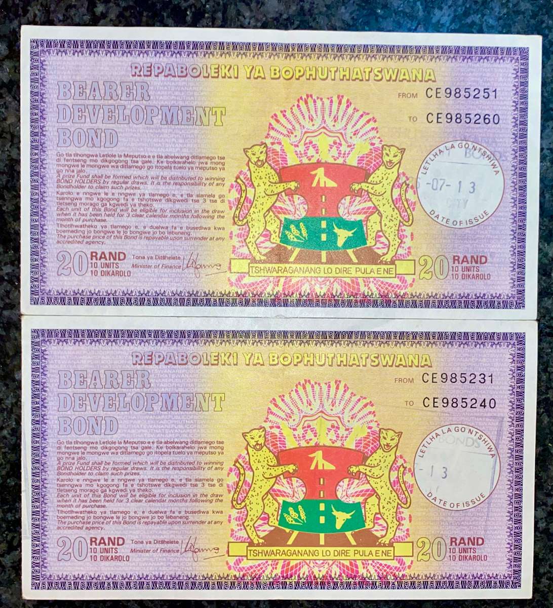 Bophuthatswana's BOP Bonds R20 -- 1980-1990 (1 bid takes all)