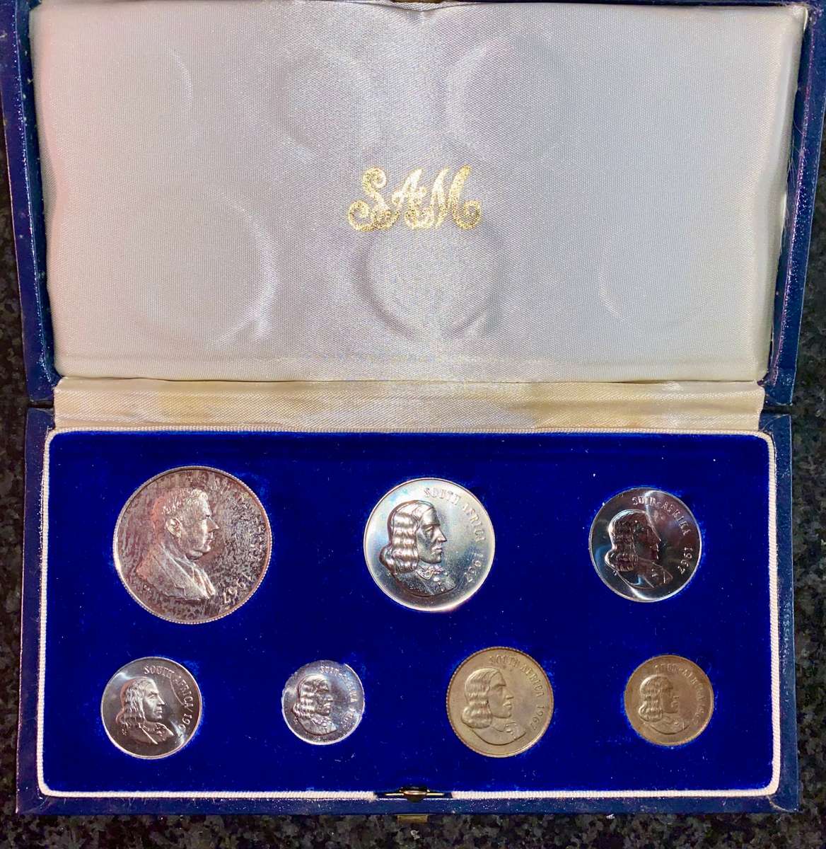 South Africa Proof set silver R1 TO 1 cent 1967 Afrikaans blue SA mint box