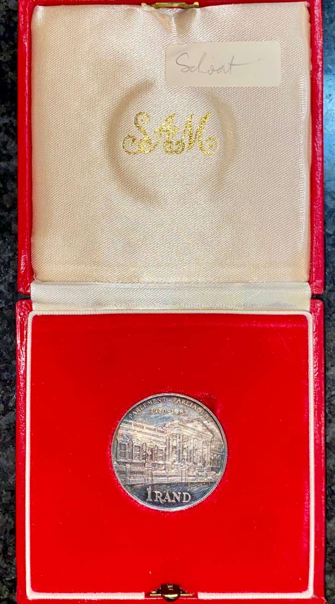 South Africa Proof silver R1 -- Parlement 1985 red SA mint box
