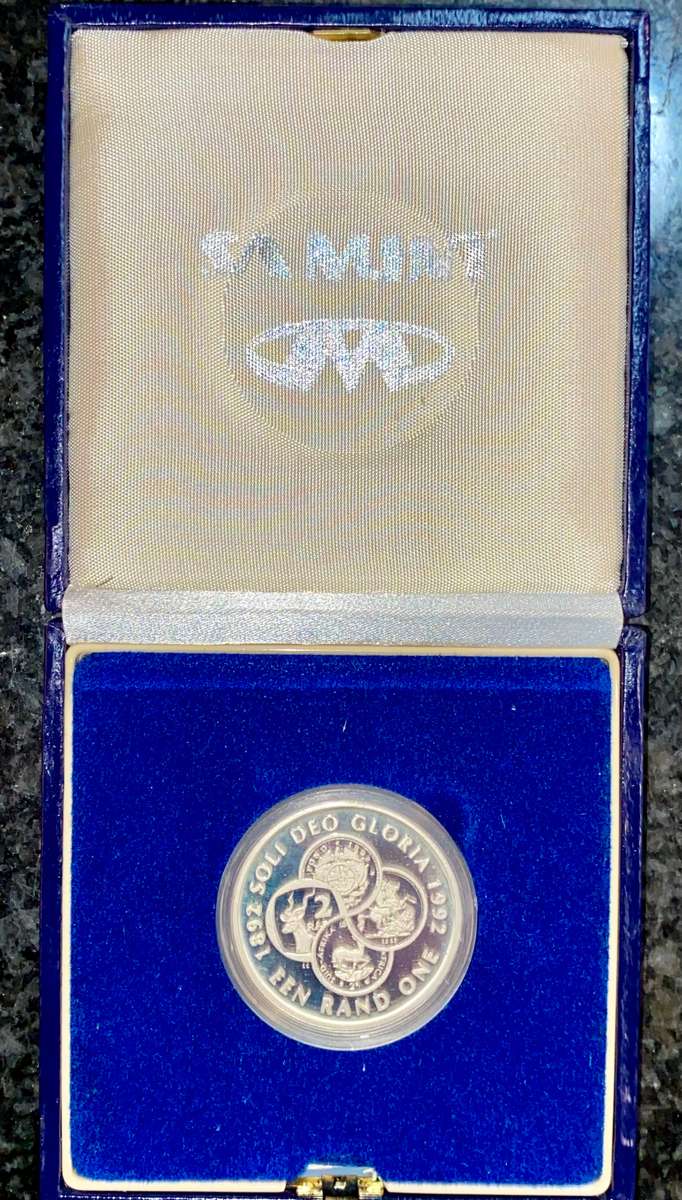 South Africa Proof silver R1 -- Soli Deo Gloria 1992 -Silver 925 in blue SA mint box in capsule