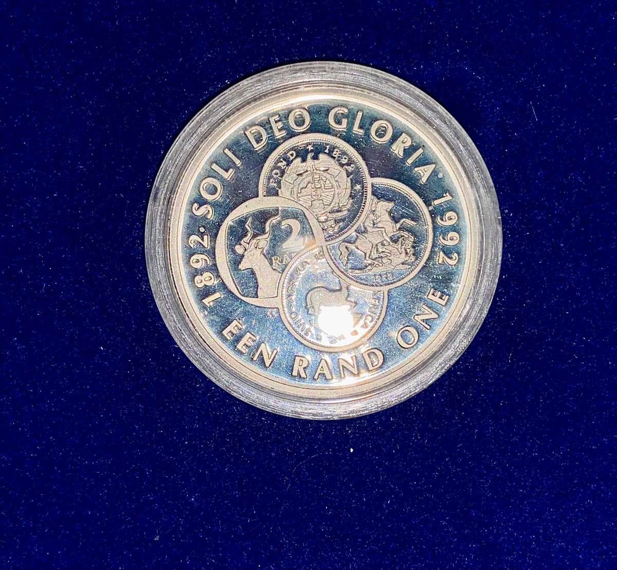 South Africa Proof silver R1 -- Soli Deo Gloria 1992 -Silver 925 in blue SA mint box in capsule