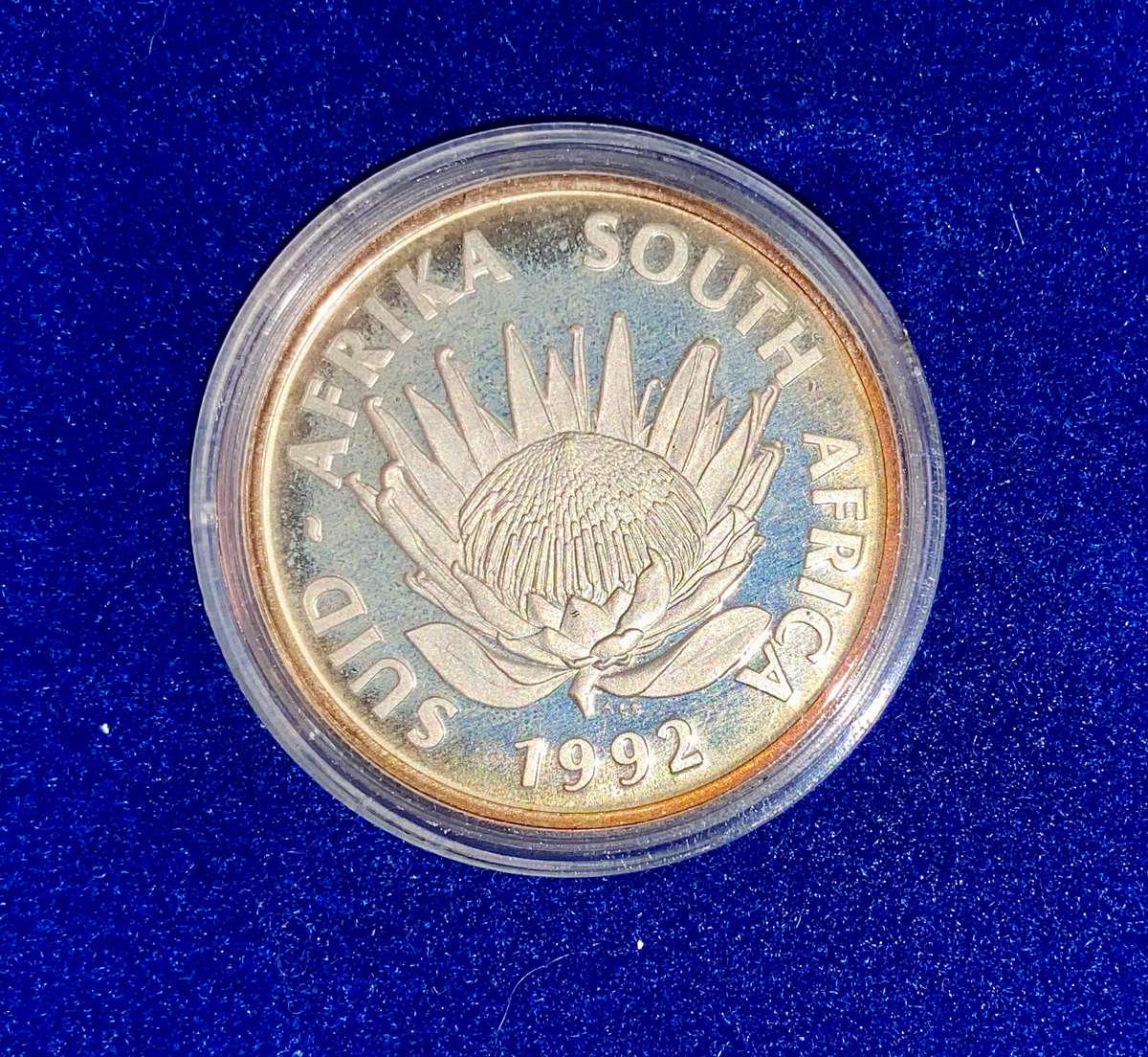 South Africa Proof silver R1 -- Soli Deo Gloria 1992 -Silver 925 in blue SA mint box in capsule