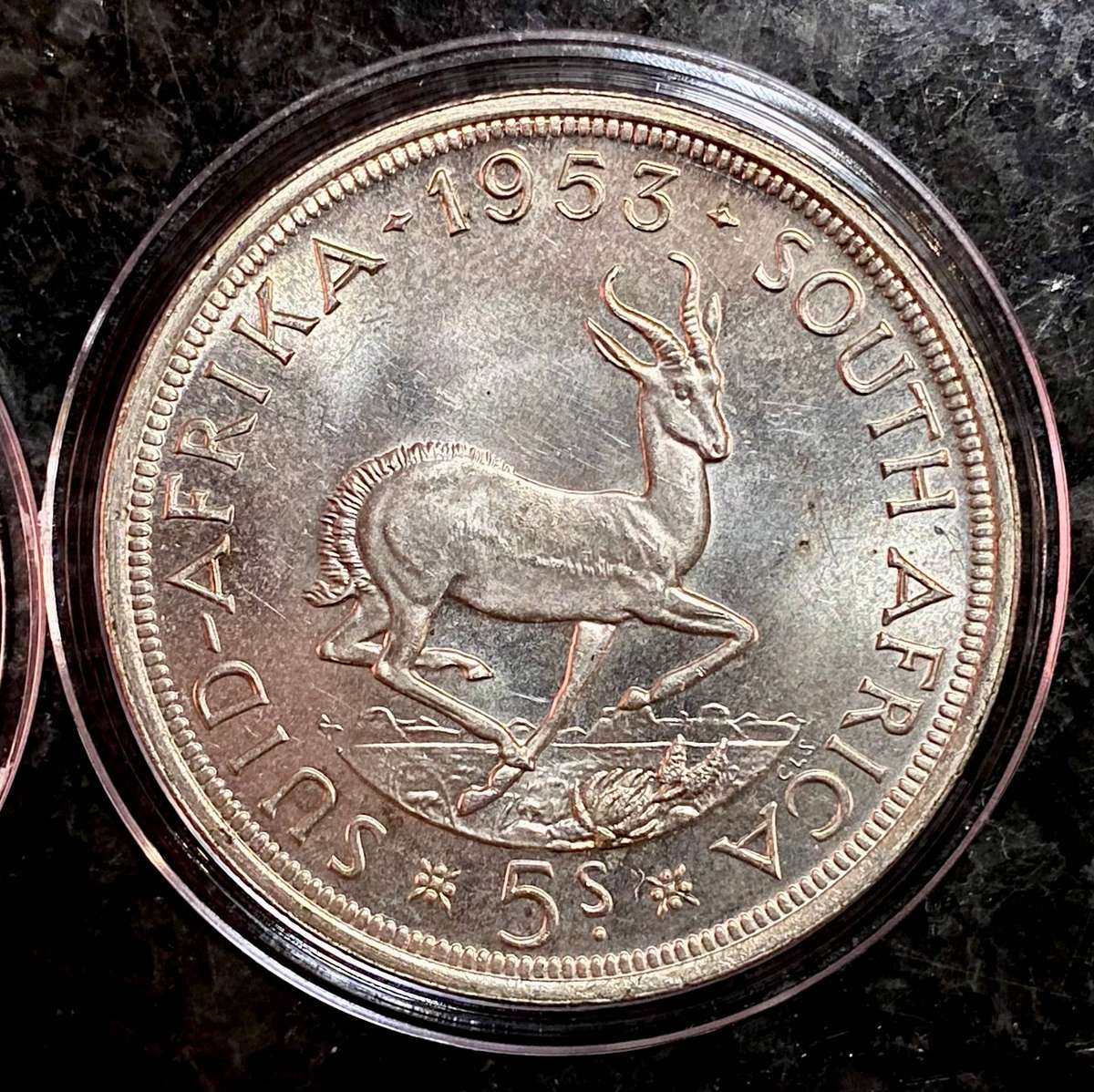SA Union Silver 5 shillings 1953 good condition in capsule