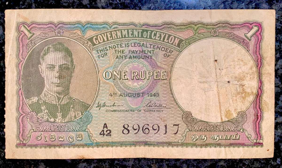 Ceylon 1 rupee 4th August 1943 WW2