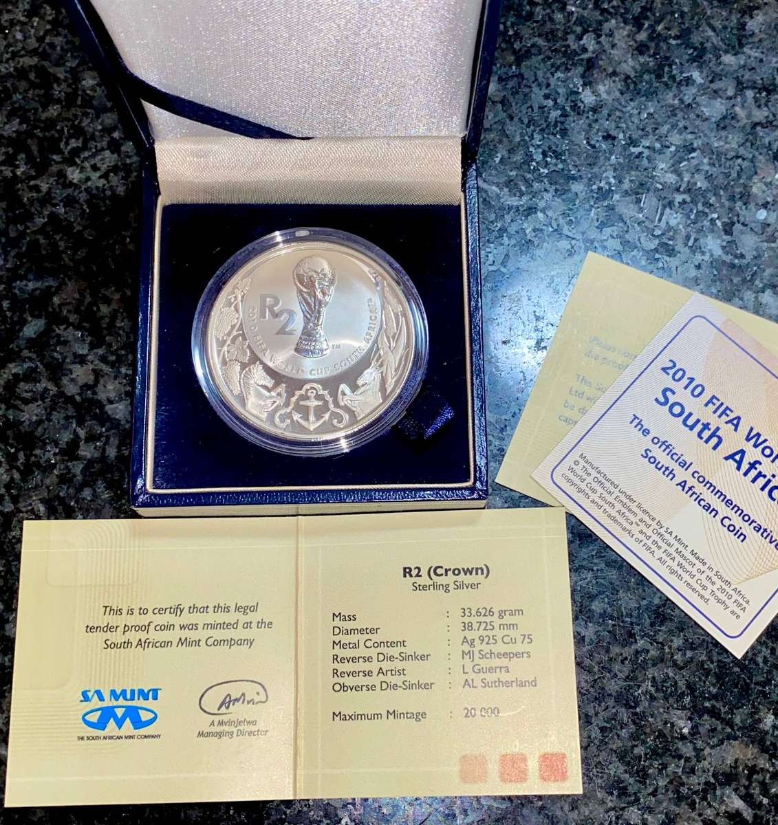 South Africa. Proof Silver R2 - World Cup Soccer 2010 - in original SA Mint Box + Certificate