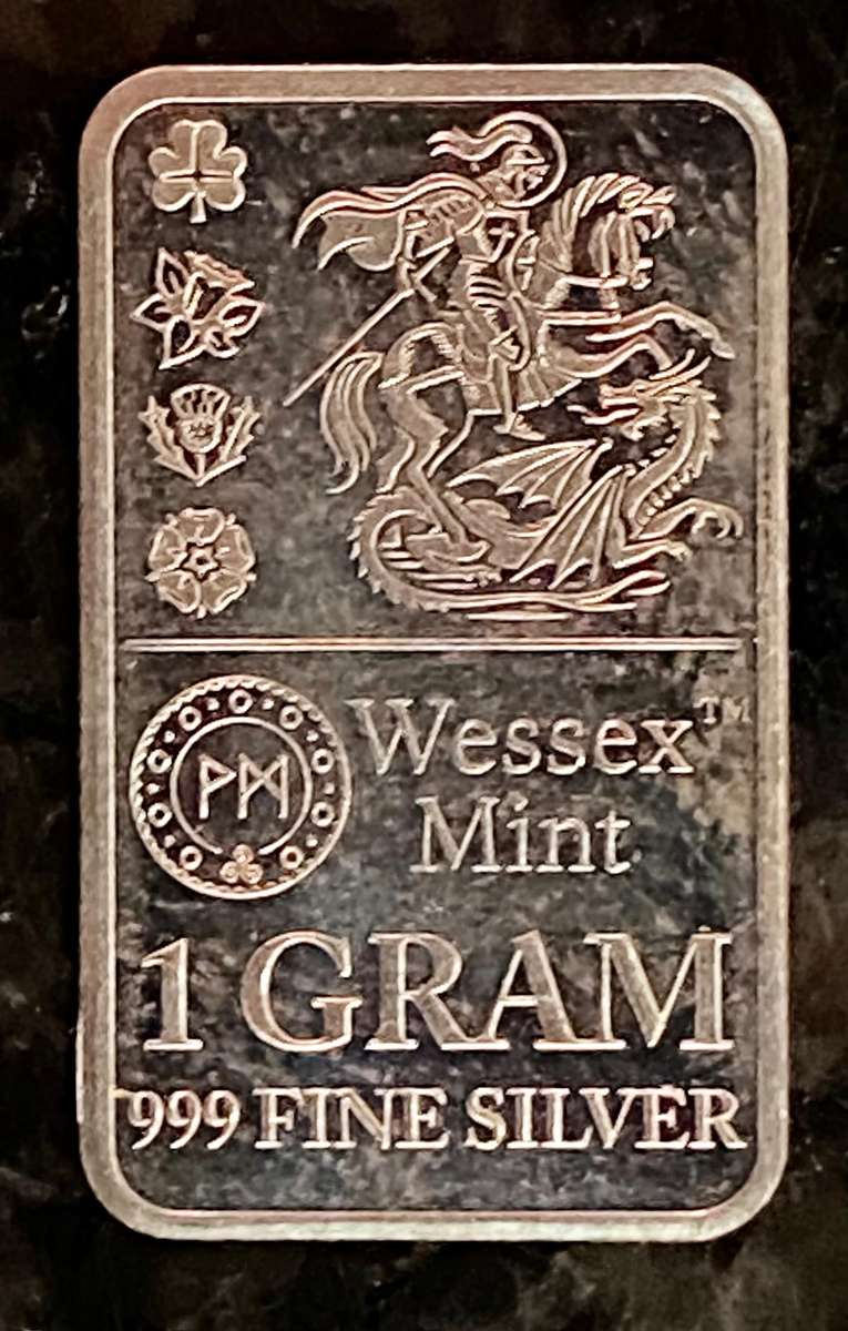 Great Britain. Silver Bar - ST George slaying dragon - Wessex Mint 1 gram 999 fine silver