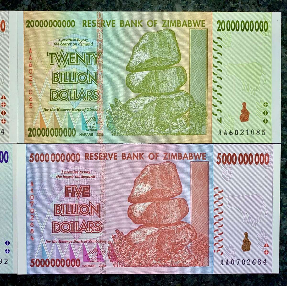 ZIMBABWE AA SET 50 BILLION DOLLARS TO 5 BILLION DOLLAR 2008 UNC (1 BID TAKES ALL)