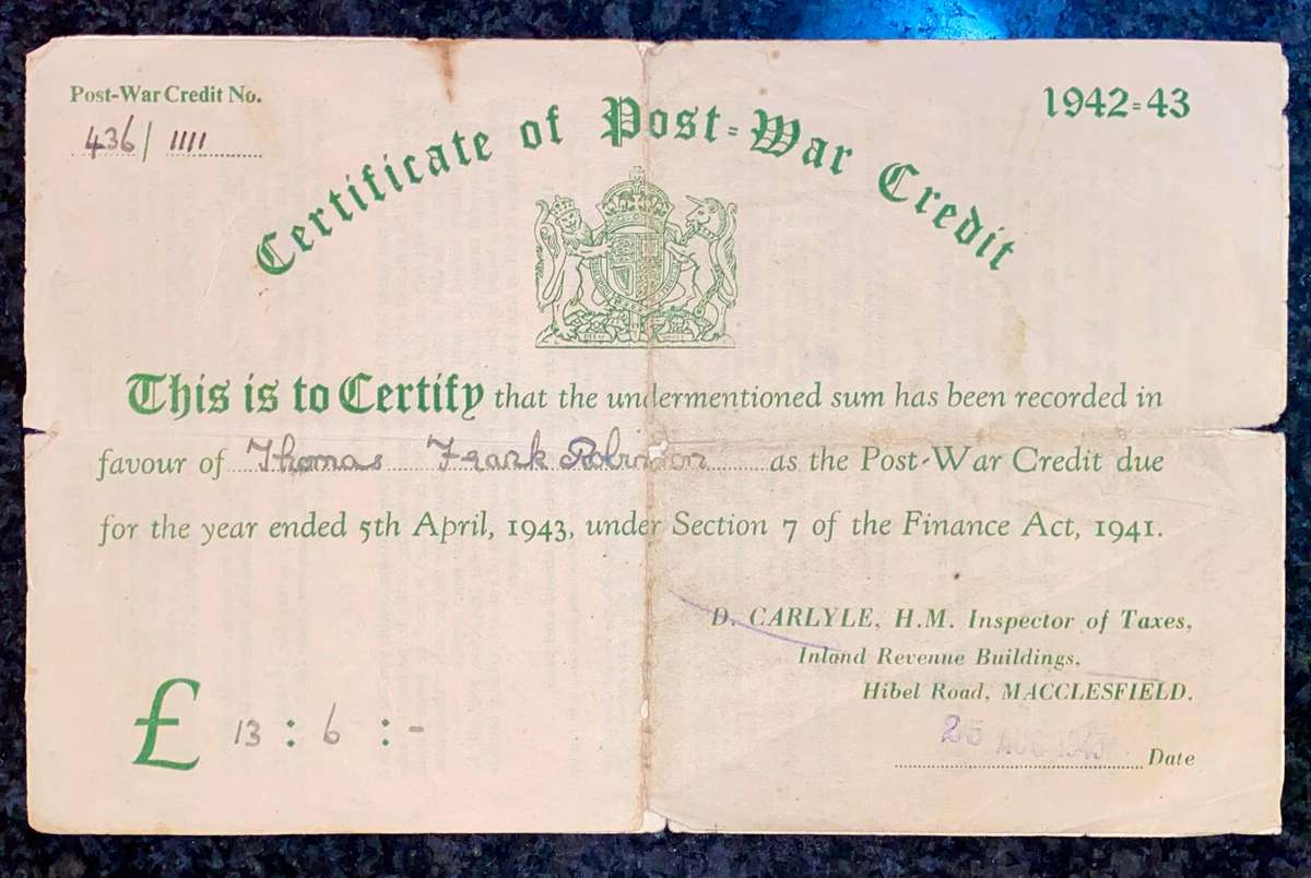 Post War Credit 1942-1943 due 5th April 1943 green print