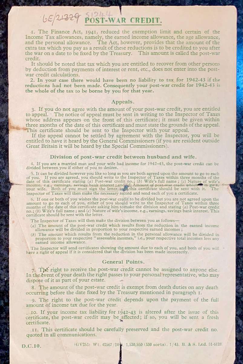 Post War Credit 1942-1943 due 5th April 1943 green print