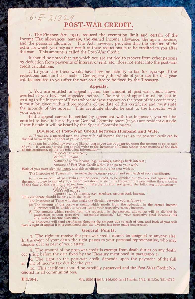 Post War Credit 1941-1942 due 5th April 1942 red print