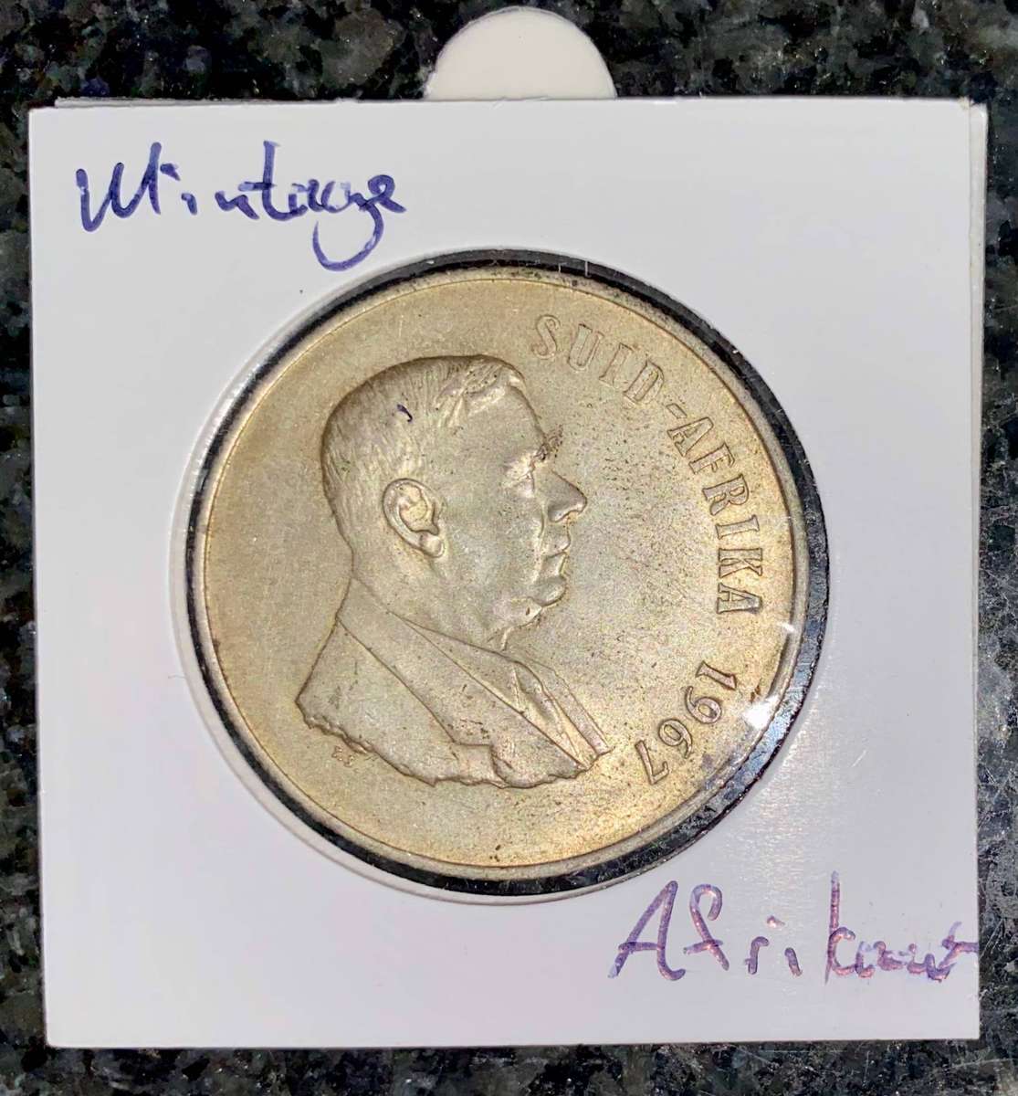 South Africa. Silver R1 -- 1967 Afrikaans -- in coin flip