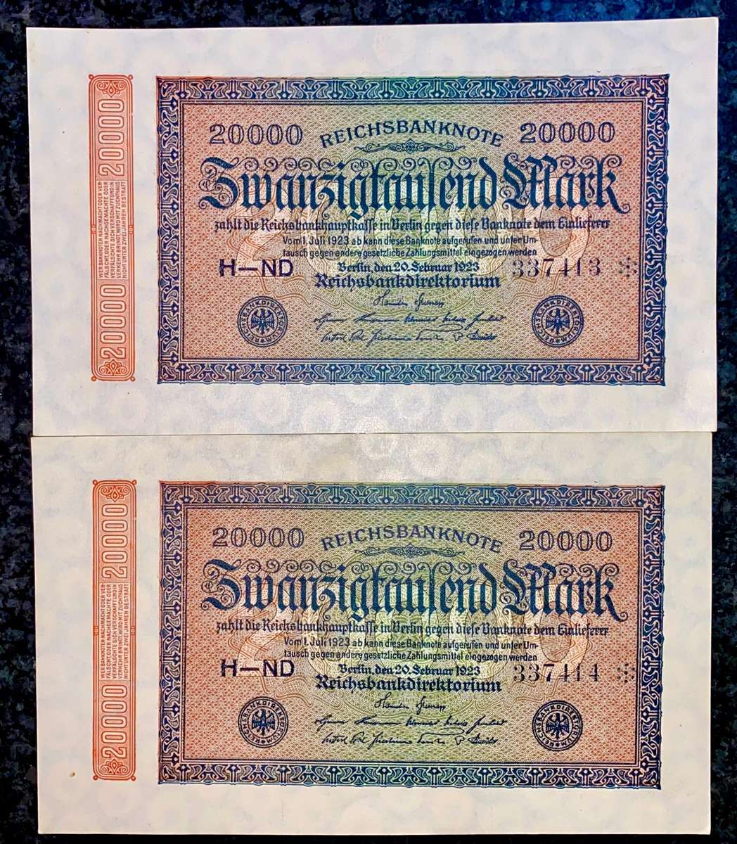Germany star/replacement notes 20,000 mark in seq 337414-413 * UNC (1 bid takes all)