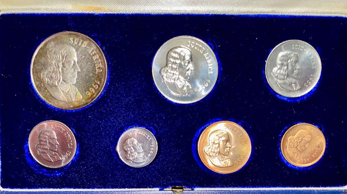 South Africa Proof set Silver R1 Afrikaans to 1 cent 1966 blue SA mint box