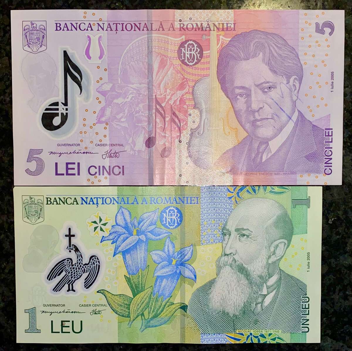 ROMANIA SET 5 LEI & 1 LEI  2005 POLYMER NOTES(1 BID TAKES ALL)