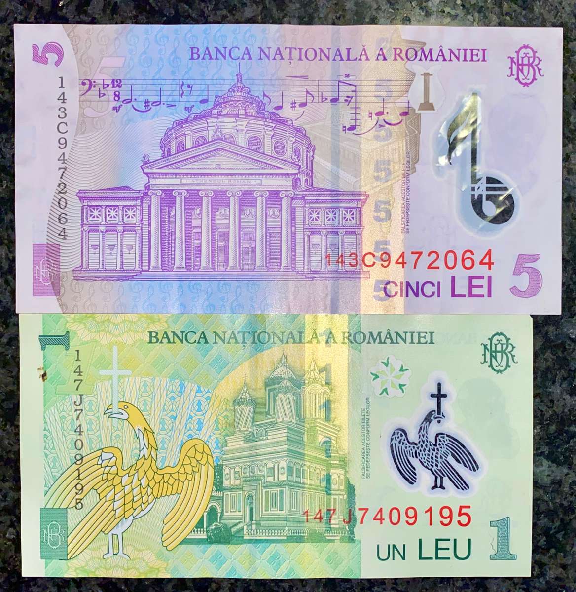 ROMANIA SET 5 LEI & 1 LEI  2005 POLYMER NOTES(1 BID TAKES ALL)