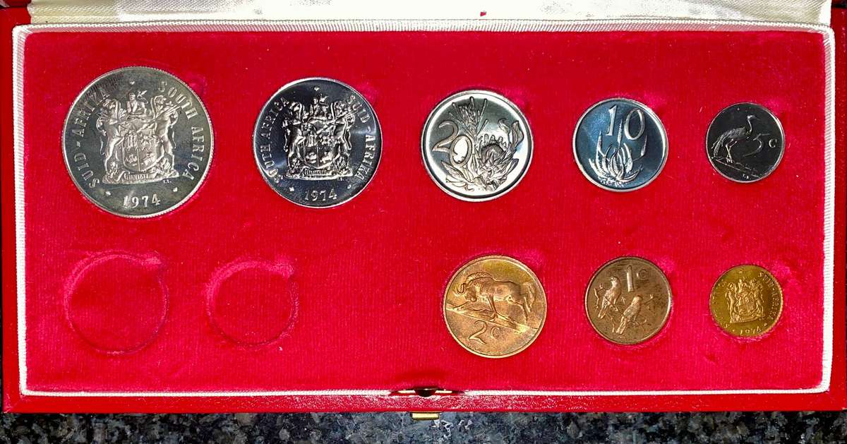 South Africa Proof set Silver R1 to 1/2 cent 1974 Red SA Mint box