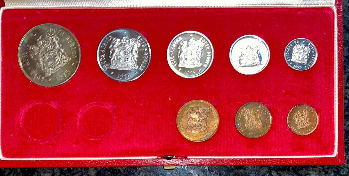 South Africa Proof set Silver R1 to 1/2 cent 1975 Red SA Mint box