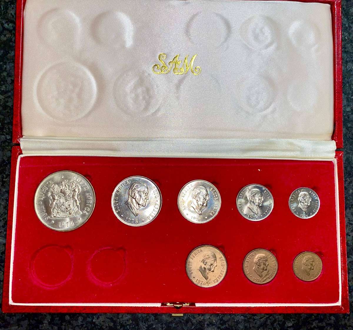 South Africa Proof set Silver R1 to 1/2 cent 1976 Red SA Mint box