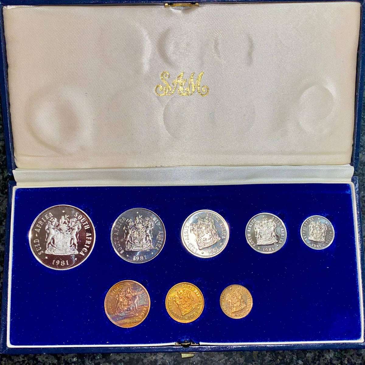 South Africa Proof set Silver R1 to 1/2 cent 1981 Blue SA Mint box