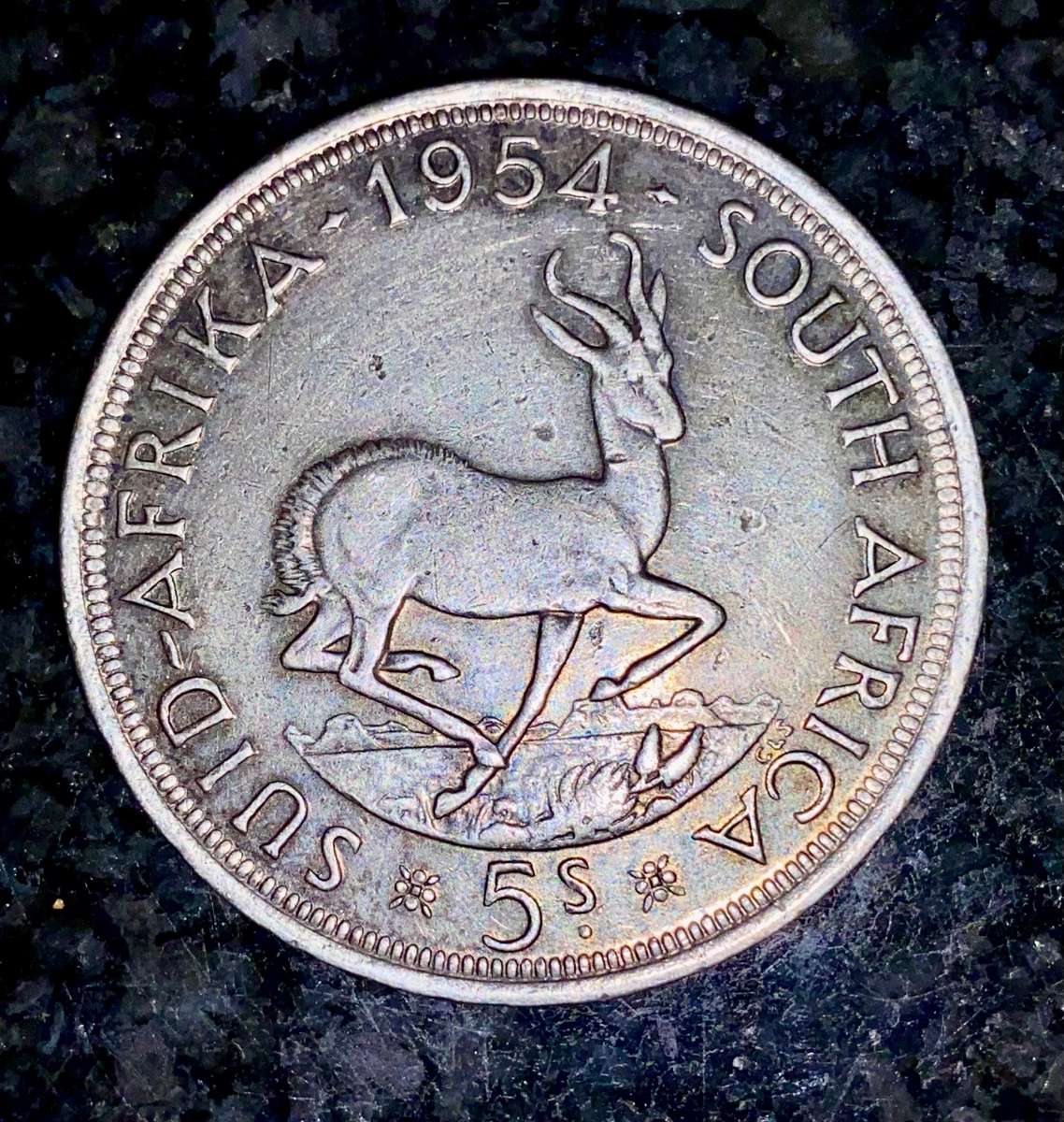 S A UNION SILVER 5 SHILLINGS 1954 -- LOW MINTAGE ONLY 17040 -- GOOD CONDITION SILVER CROWN