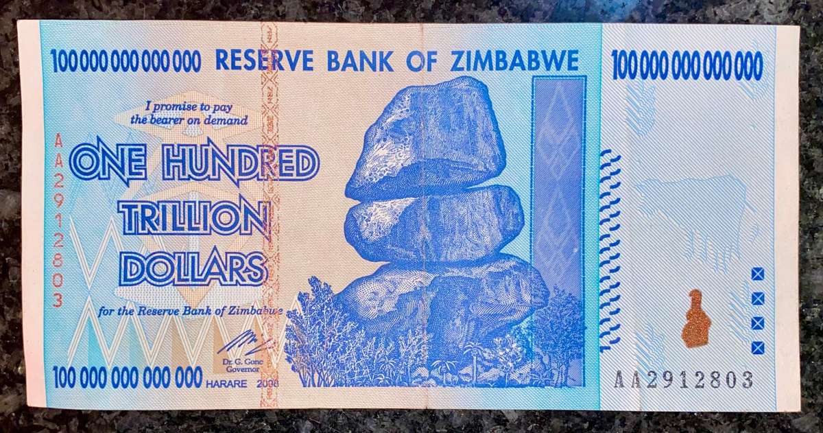 Zimbabwe 100 Trillion dollars 2008 AA Harare - 100% Authentic Banknote