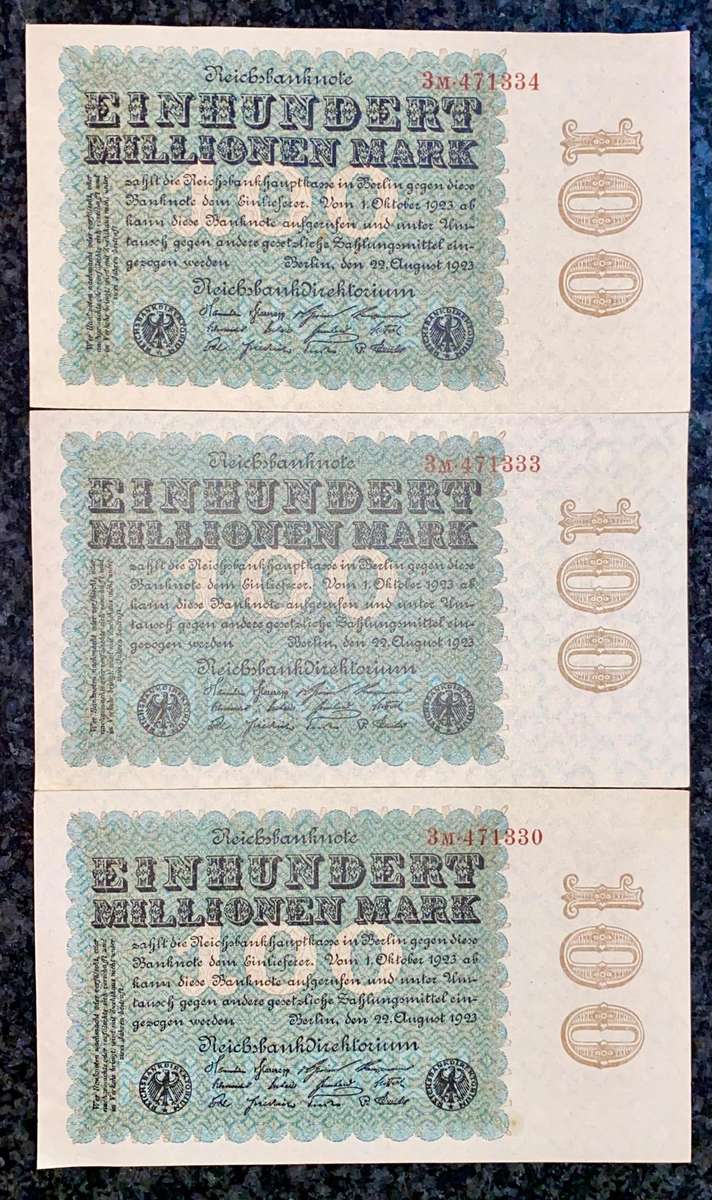 Germany. 100 million mark in sequence 471333-334 & 330 unc-aunc 1923 (1 bid takes all)
