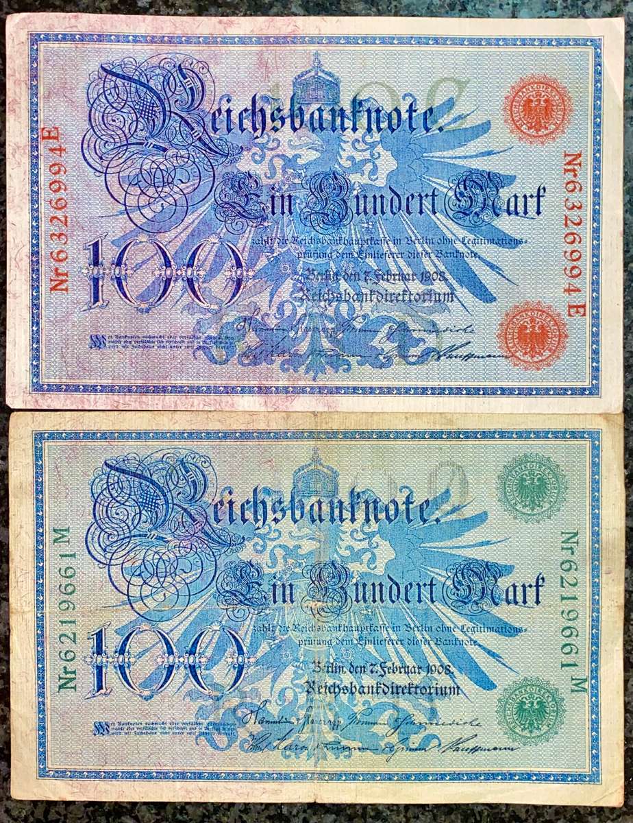 GERMANY 100 MARK 1908 GREEN SEAL & RED SEAL BIG NOTS (1 BID TAKES ALL)