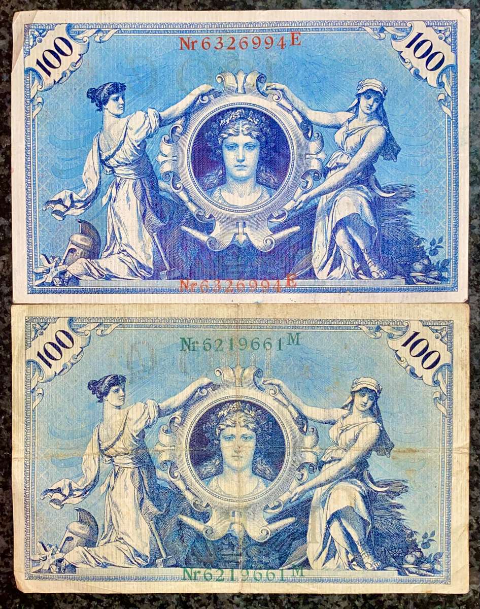 GERMANY 100 MARK 1908 GREEN SEAL & RED SEAL BIG NOTS (1 BID TAKES ALL)