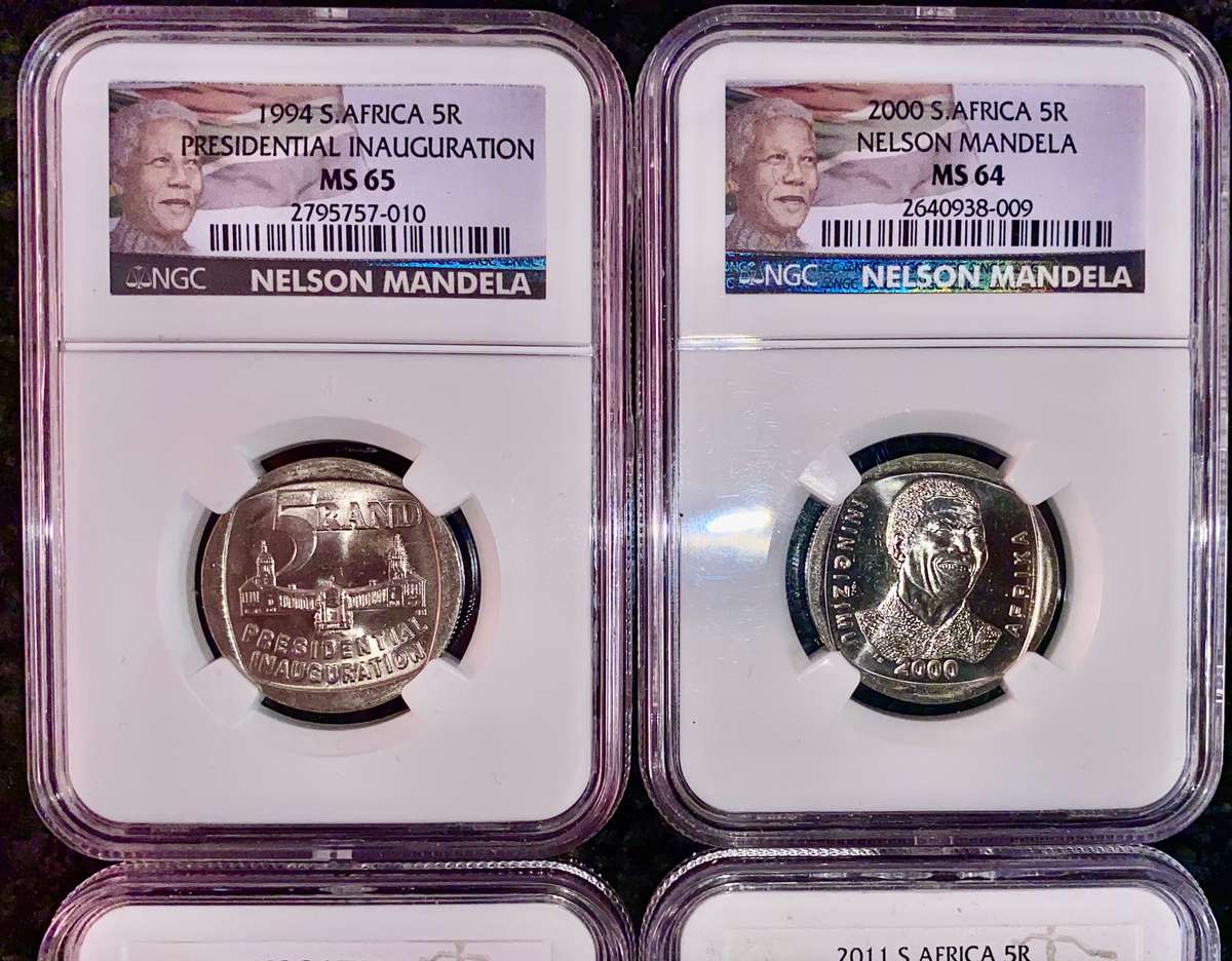 S. AFRICA GRADED COMMEMORATIVE R5 MANDELA MS64 INAUGURATION MS65 & 90TH BIRTHDAY MS67 RAND 90TH MS6