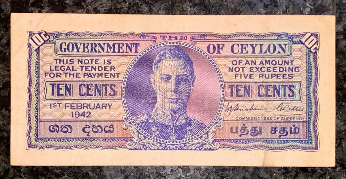 Ceylon 10 cent 1st February 1942 WW2