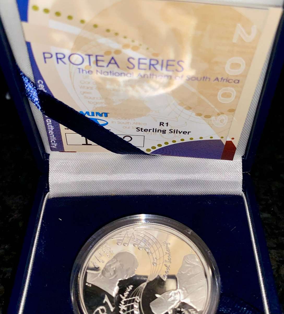 South Africa Proof Sterling Silver R1 - National Anthem 2009 Protea - in SA Mint Box +Certificate