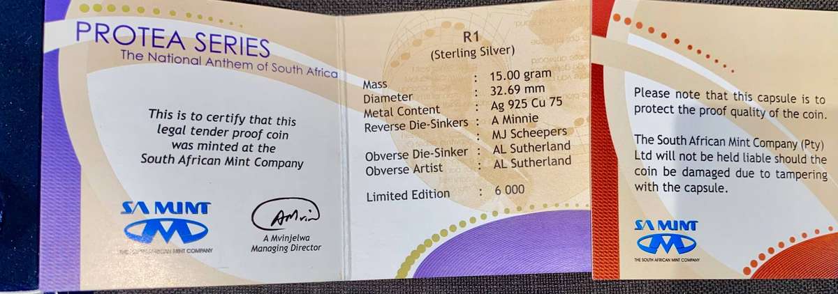 South Africa Proof Sterling Silver R1 - National Anthem 2009 Protea - in SA Mint Box +Certificate
