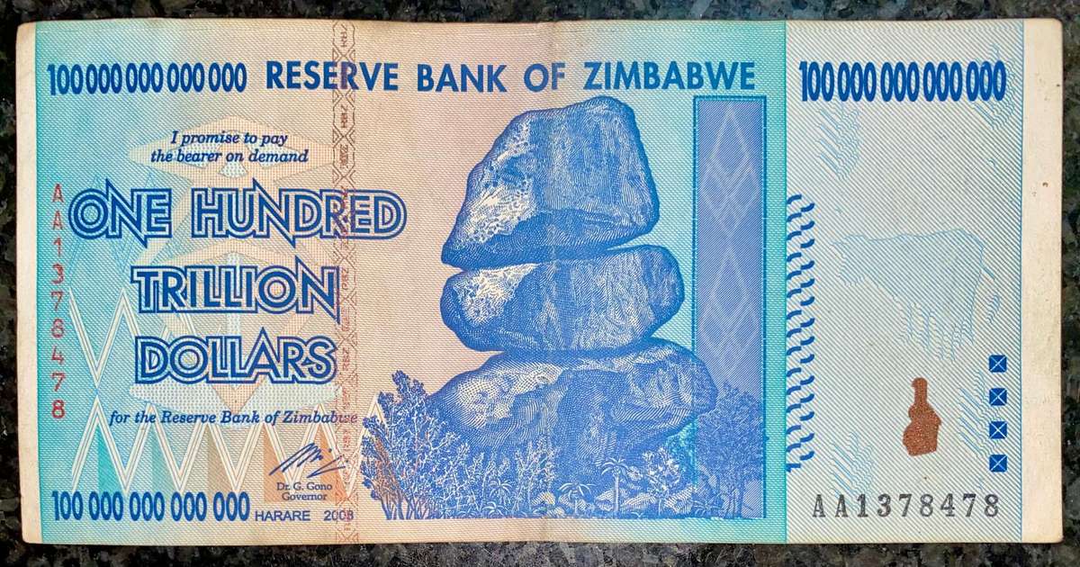 Zimbabwe 100 Trillion dollars 2008 AA Harare - 100% Authentic Banknote