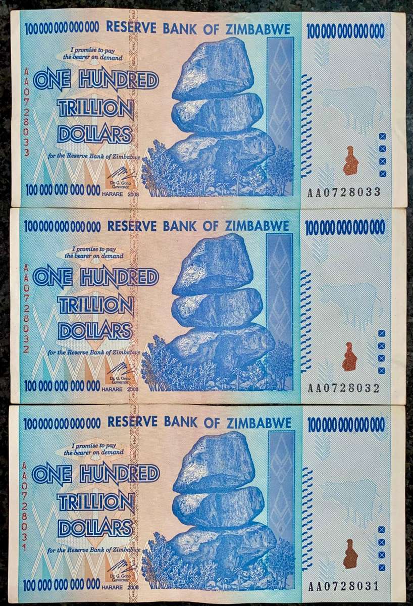 Zimbabwe 100 Trillion dollars in seq AA0728033-031 -- 2008 Harare - 100% Authentic Banknote