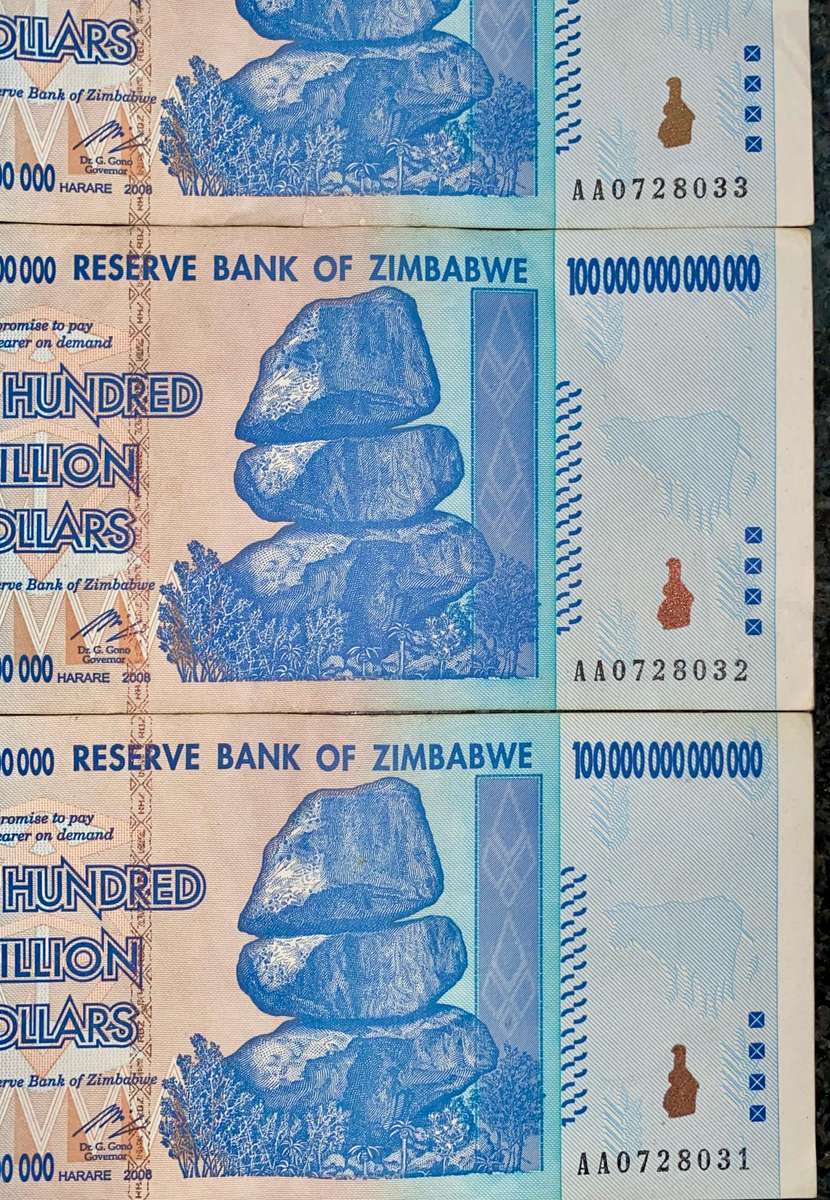 Zimbabwe 100 Trillion dollars in seq AA0728033-031 -- 2008 Harare - 100% Authentic Banknote