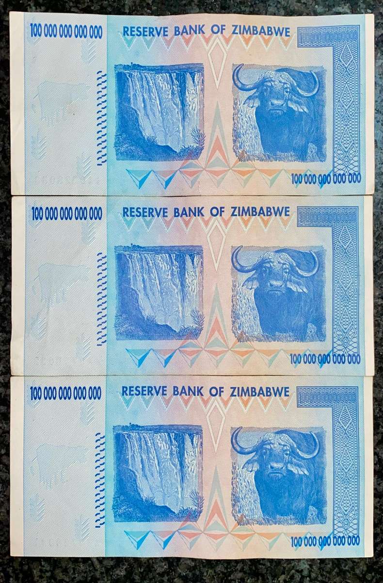 Zimbabwe 100 Trillion dollars in seq AA0728033-031 -- 2008 Harare - 100% Authentic Banknote