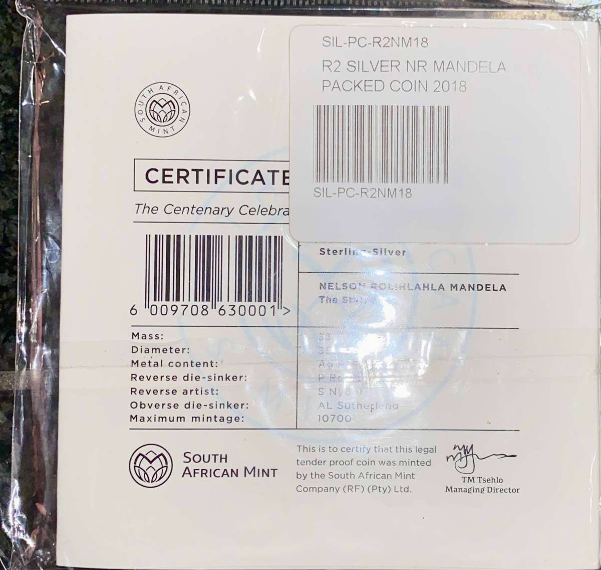 Nelson Mandela Proof Sterling Silver R50 -- 2018 Mandela Centenary -- Still Sealed as from SA Mint