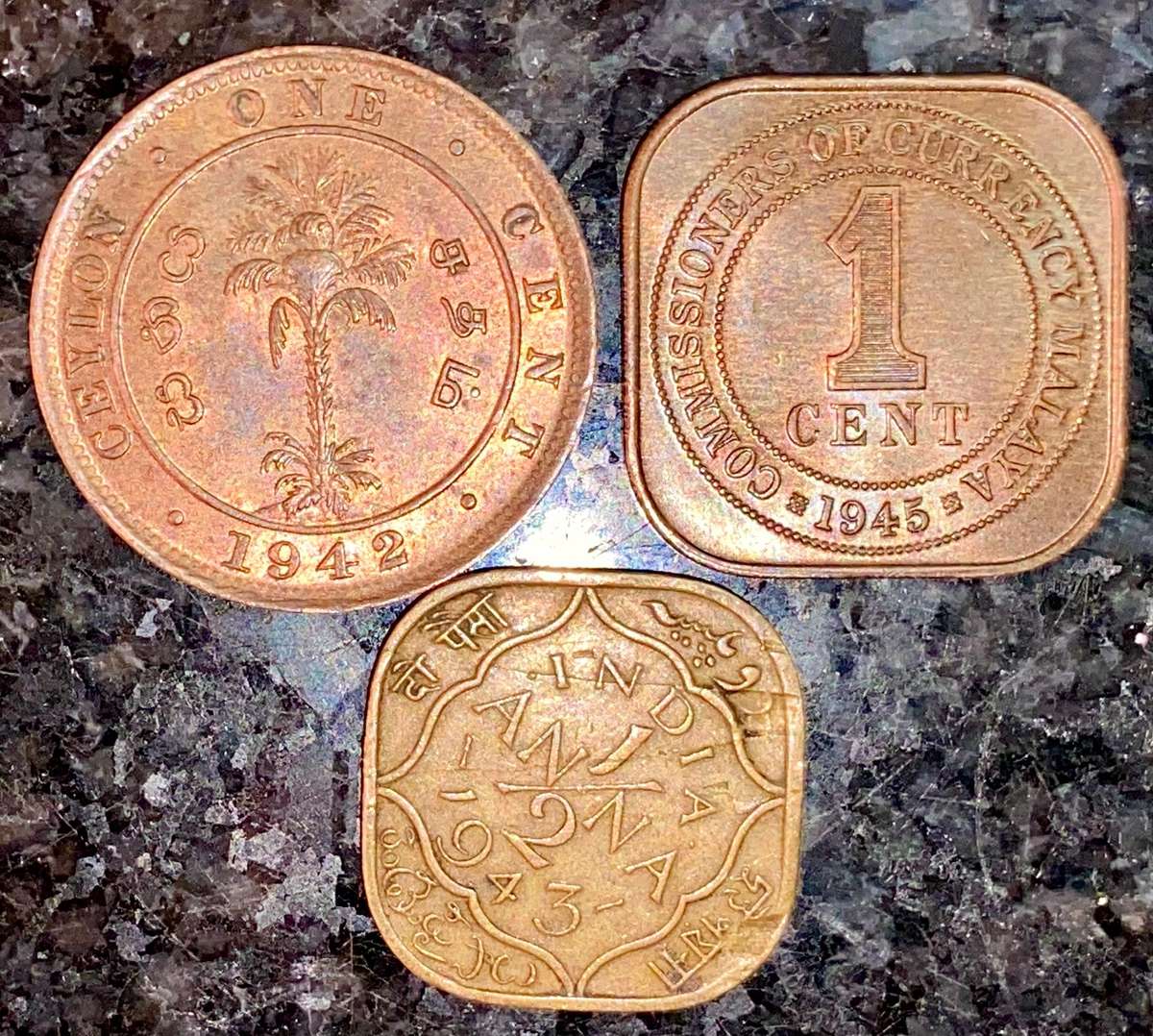 Asia lot - Ceylon 1 cent 1942 - India 1/2 Anna 1943 - Malaya 1 cent 1945 WW2 (1 bid taks all)