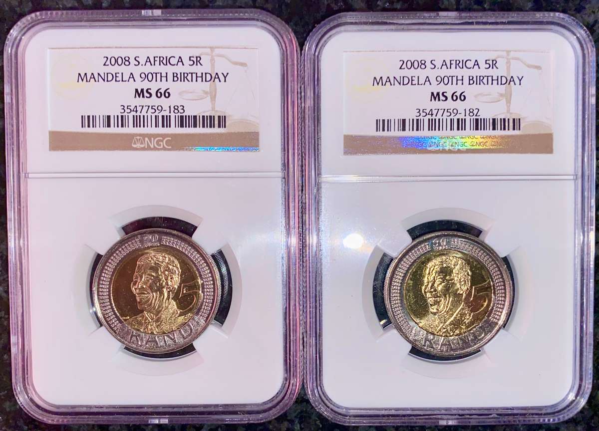 SOUTH AFRICA GRADED SET COMMEMORATIVE R5 IN SEQ MANDELAS 90TH BIRTHDAY MS66 NGC (1 BID TAKES ALL)