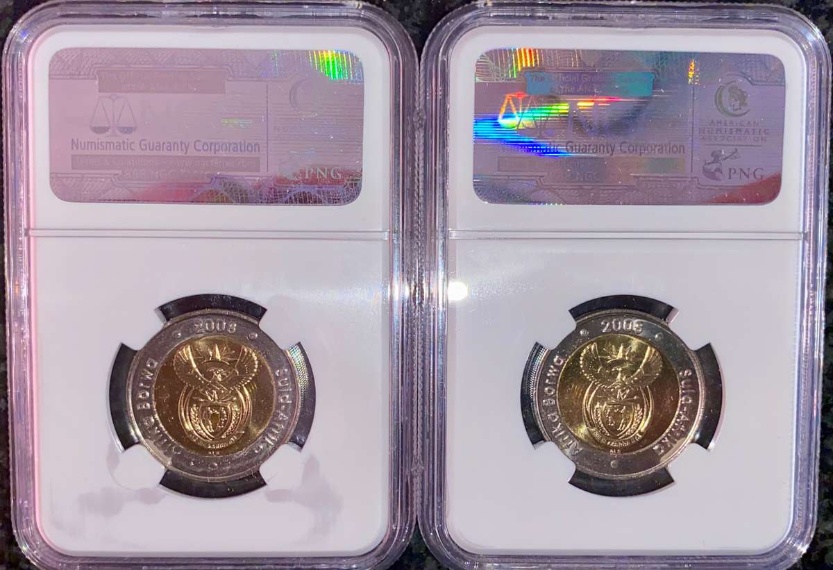 SOUTH AFRICA GRADED SET COMMEMORATIVE R5 IN SEQ MANDELAS 90TH BIRTHDAY MS66 NGC (1 BID TAKES ALL)