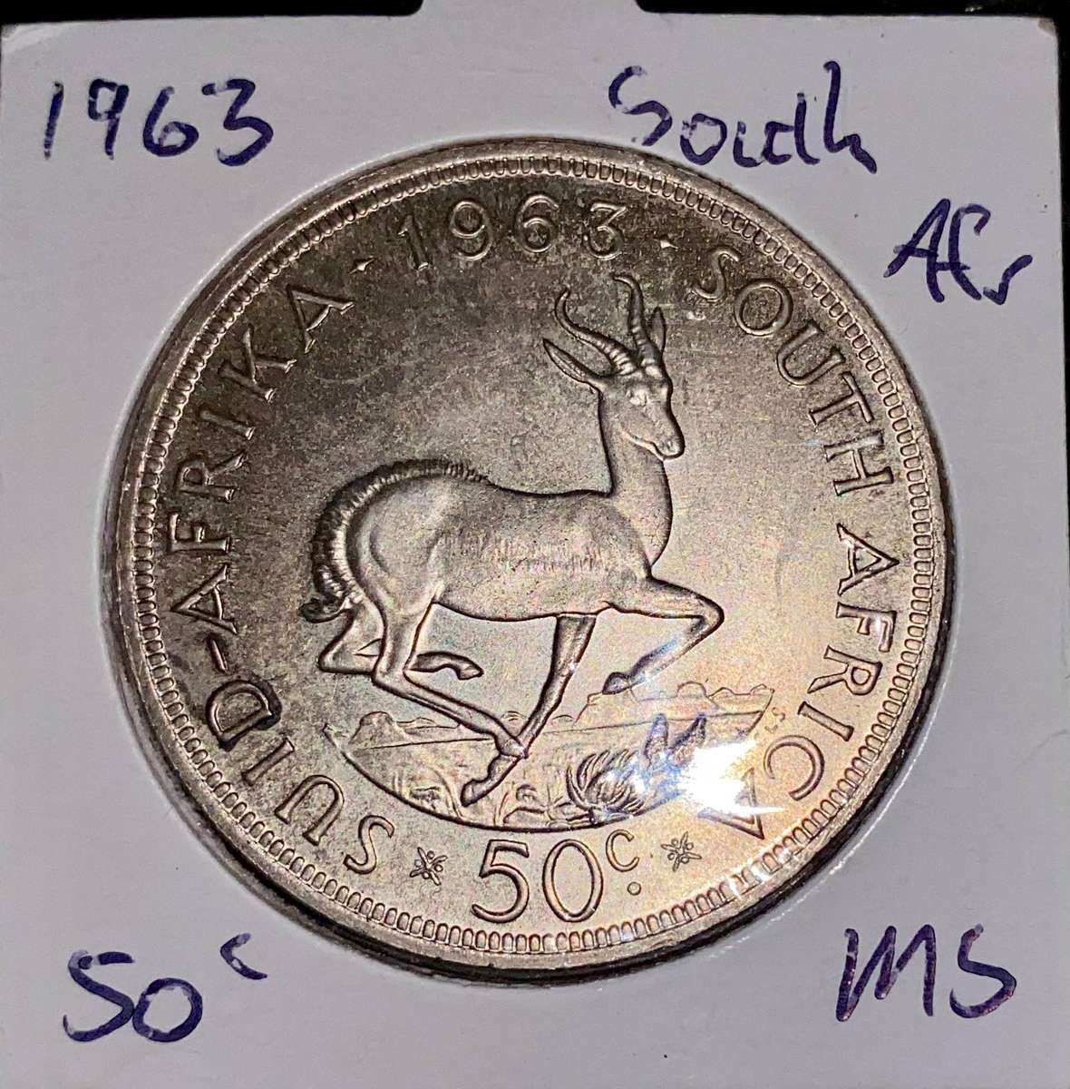 South Africa. Silver 50 cent 1963 good condition crown size in coin flip