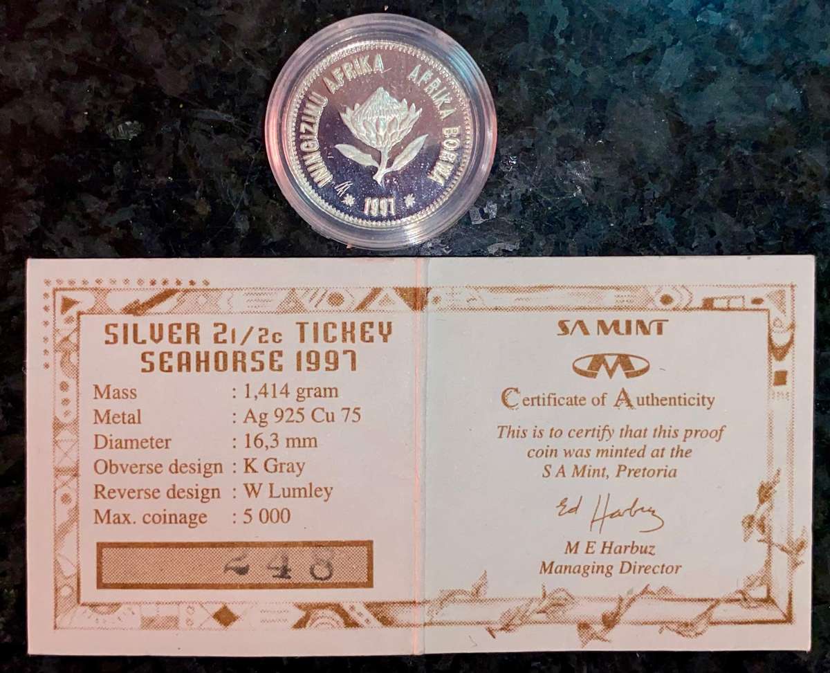 SA Mint Silver Proof Tickey 2 1/2 Cent - Seahorse 1997 - Low No 248 - Mintage 2627