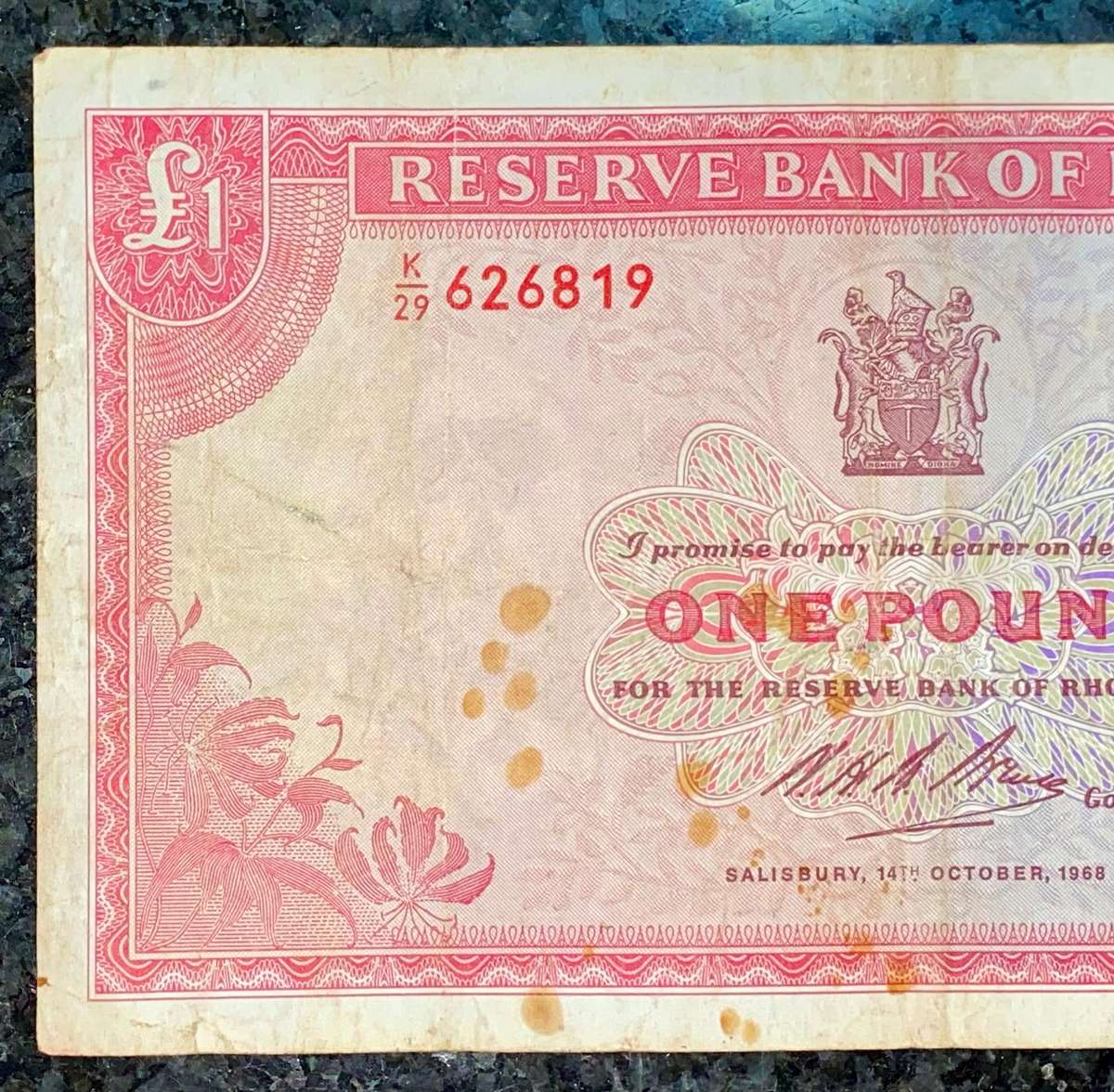 Rhodesia 1 Pound 1st October 1968 C.J Rhodes wtm