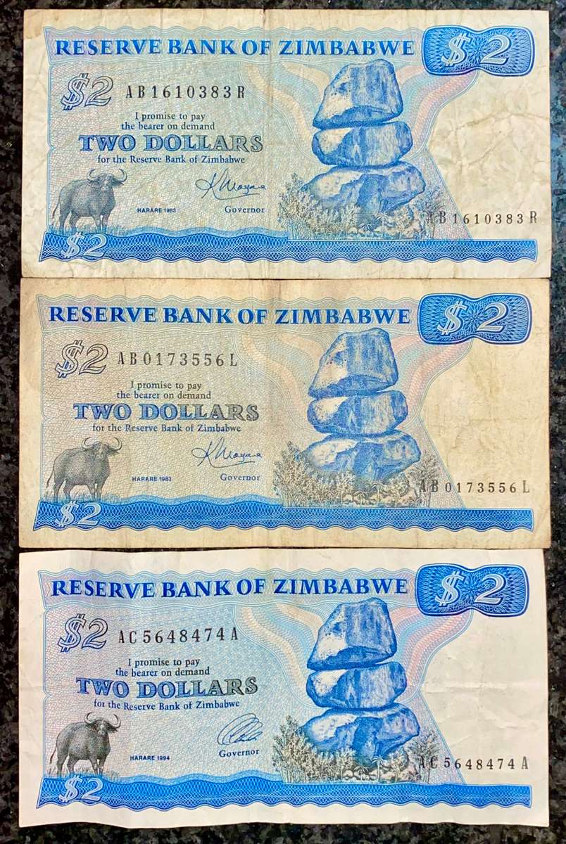 ZIMBABWE 2 DOLLAR 1983 & 1994 BIRD WTM TWO DIFFERENT SIGNATURE (1 BID TAKES ALL)