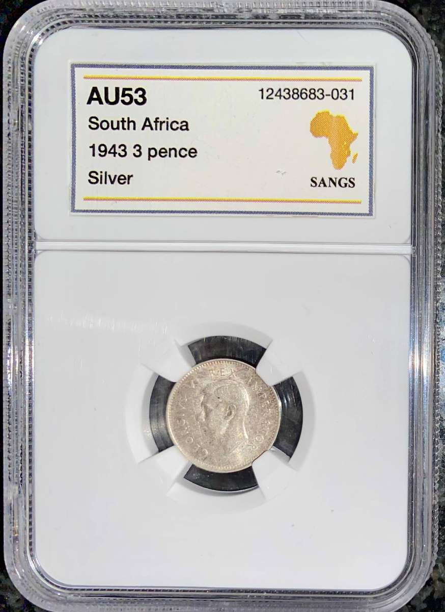 SA Union Graded Silver 3d threepence 1943 Graded AU53 SANGS