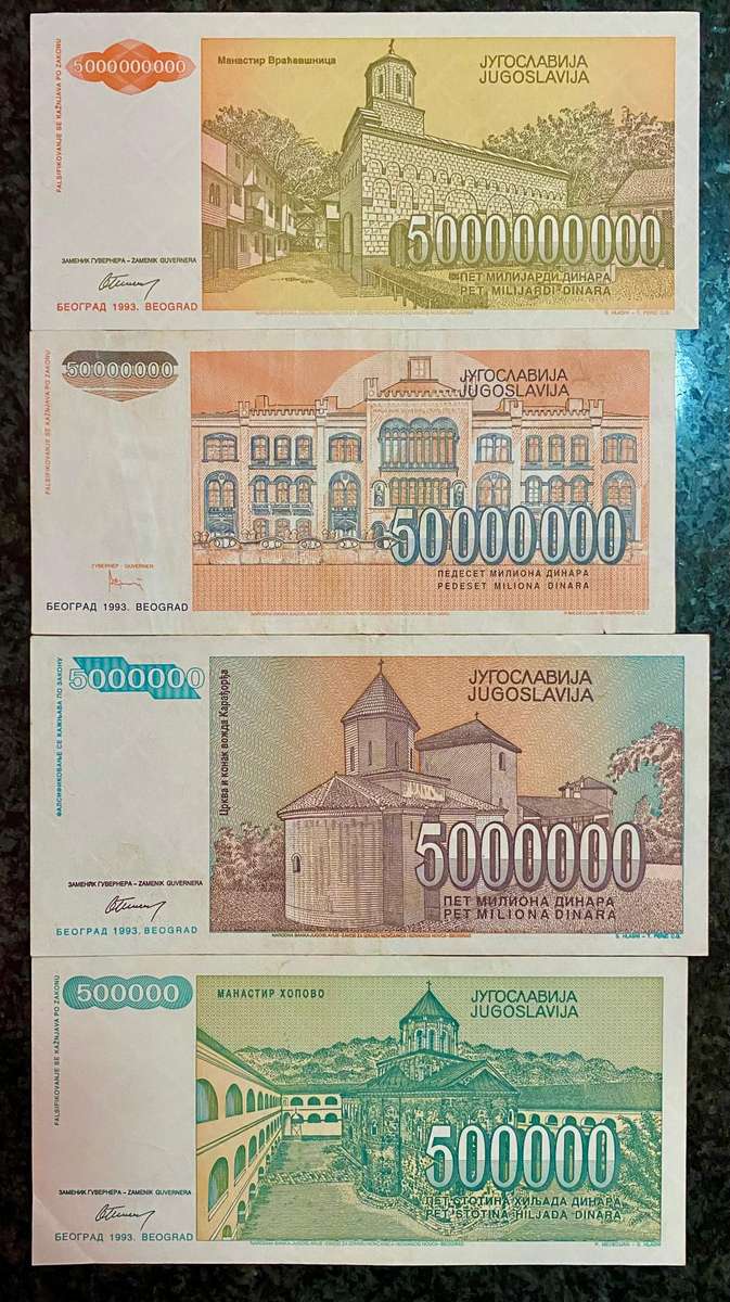 Yugoslavia. Set 5 billion dinars to 500 thousand dinars 1993 (1 bid takes all)